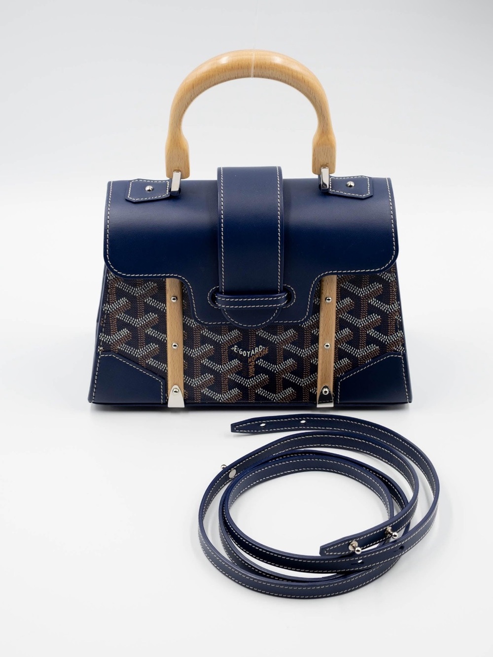Goyard Navy Blue Leather Satchel with Wood Top Handle - Picture 3 of 3